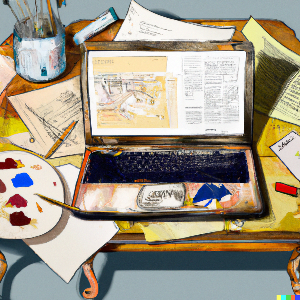 DALL·E 2023-06-13 16.32.23 - A laptop - A tool with various methods of work that enhances learning. In the middle of a pushwagner painting